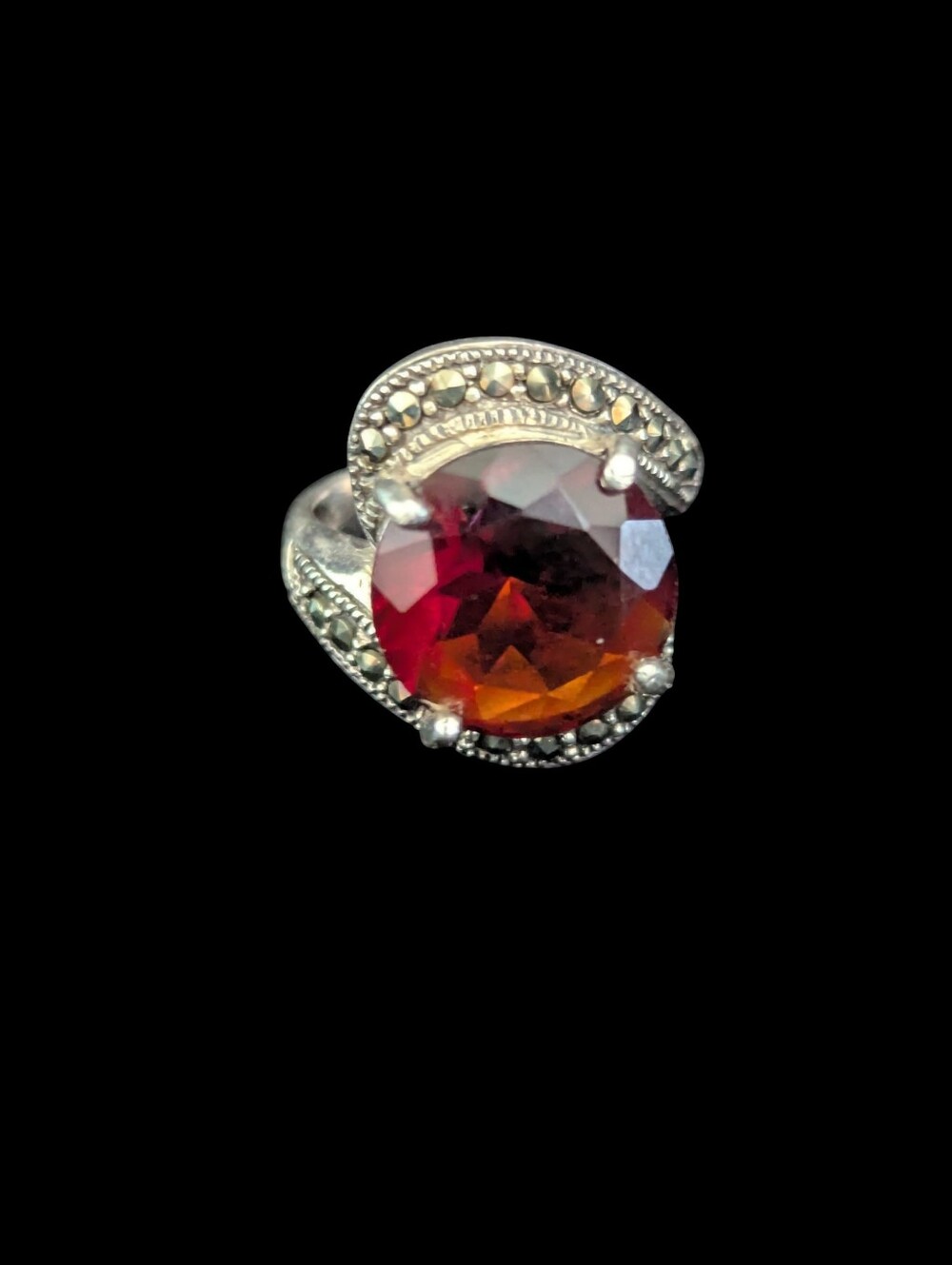 Silver Ring with Garnet Gemstone and Marcasite Accents Size 7